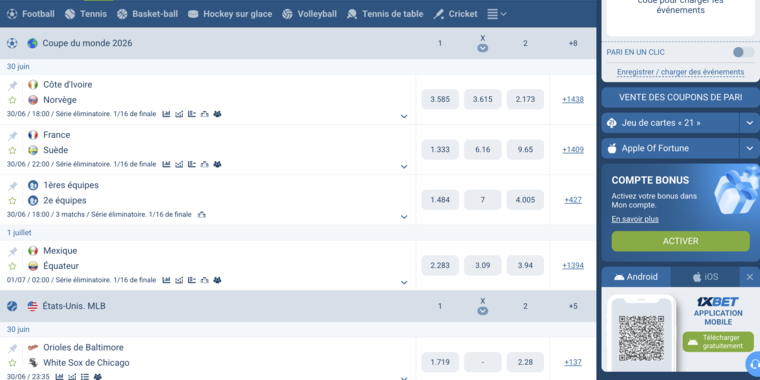 1xBet Gabon, paris en direct (live)