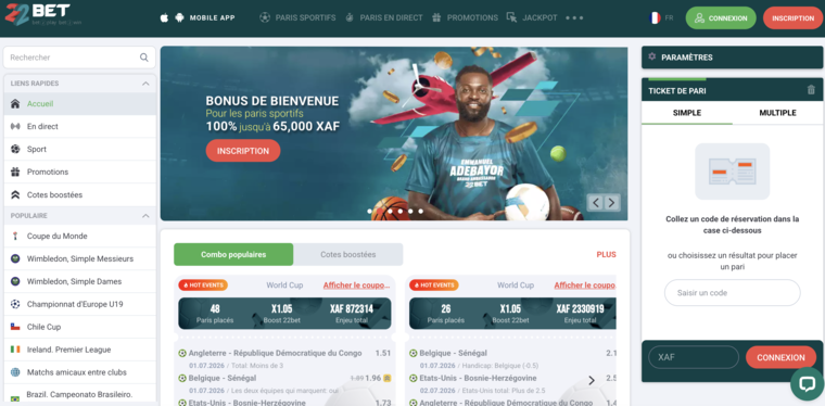 22bet Gabon, page d'accueil paris sportifs